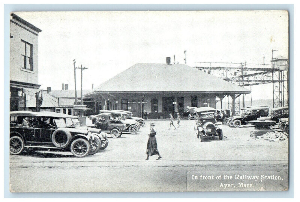 1922 In Front Of The Railway Station Depot Cars Ayer Massachusetts MA Postcard
