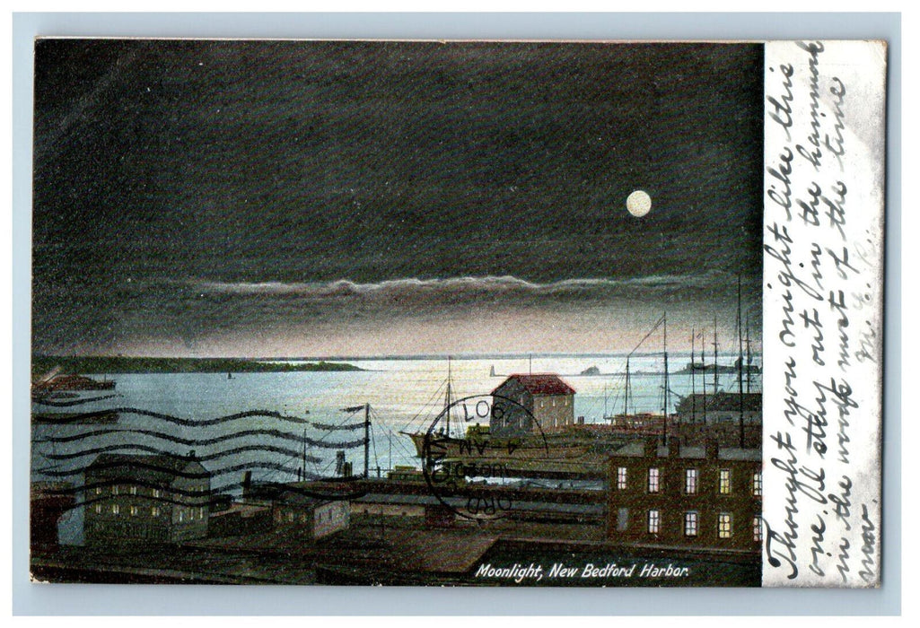1907 Moonlight New Bedford Harbor, Massachusetts MA Posted Antique Postcard