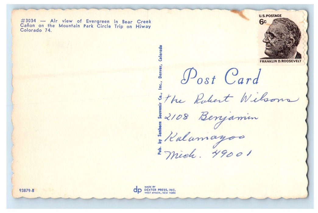c1950s Air View of Evergreen in Bear Creek Canon Colorado CO Postcard