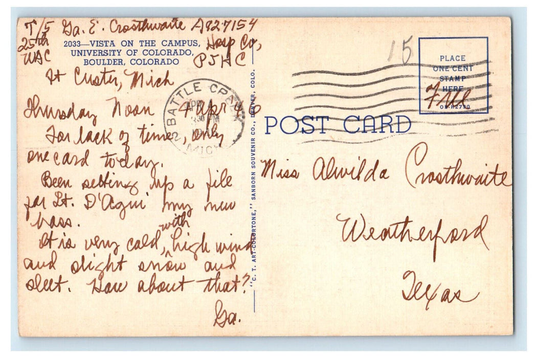 1946 Vista On The Campus University of Colorado Boulder Colorado CO Postcard