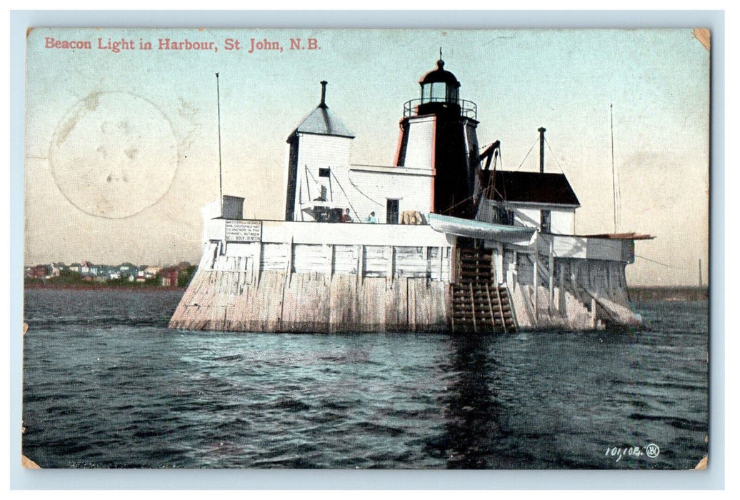 1908 Beacon Light In Harbor, St. John New Brunswick Canada CA Foreign Postcard