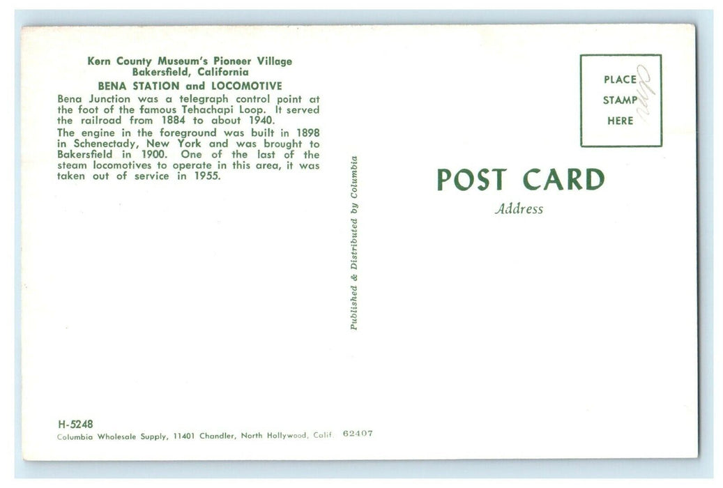 Bakersfield CA, Bena Station Railroad And Locomotive Kern County Museum Postcard
