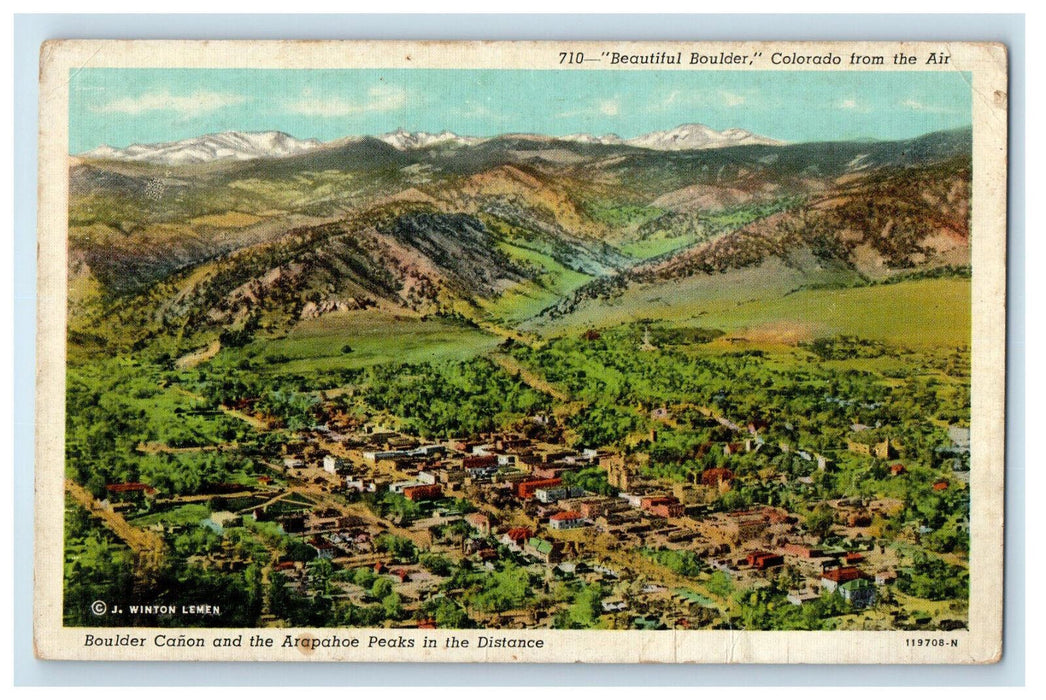 1945 Air View Boulder Canon and Arapahoe Peaks, Boulder Colorado CO Postcard