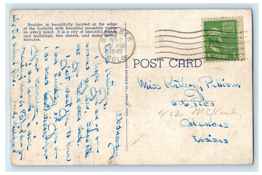 1945 Air View Boulder Canon and Arapahoe Peaks, Boulder Colorado CO Postcard