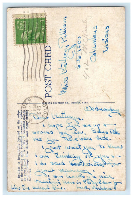 1945 Air View Boulder Canon and Arapahoe Peaks, Boulder Colorado CO Postcard