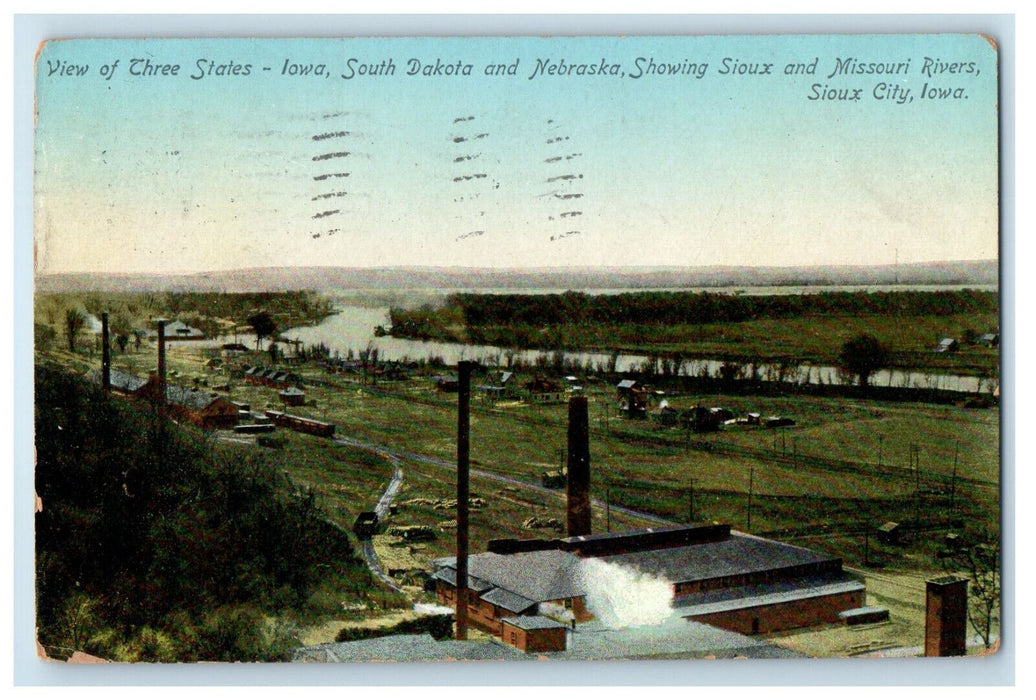 1911 Three States, Iowa So. Dak and NE, Missouri River Sioux City IA Postcard