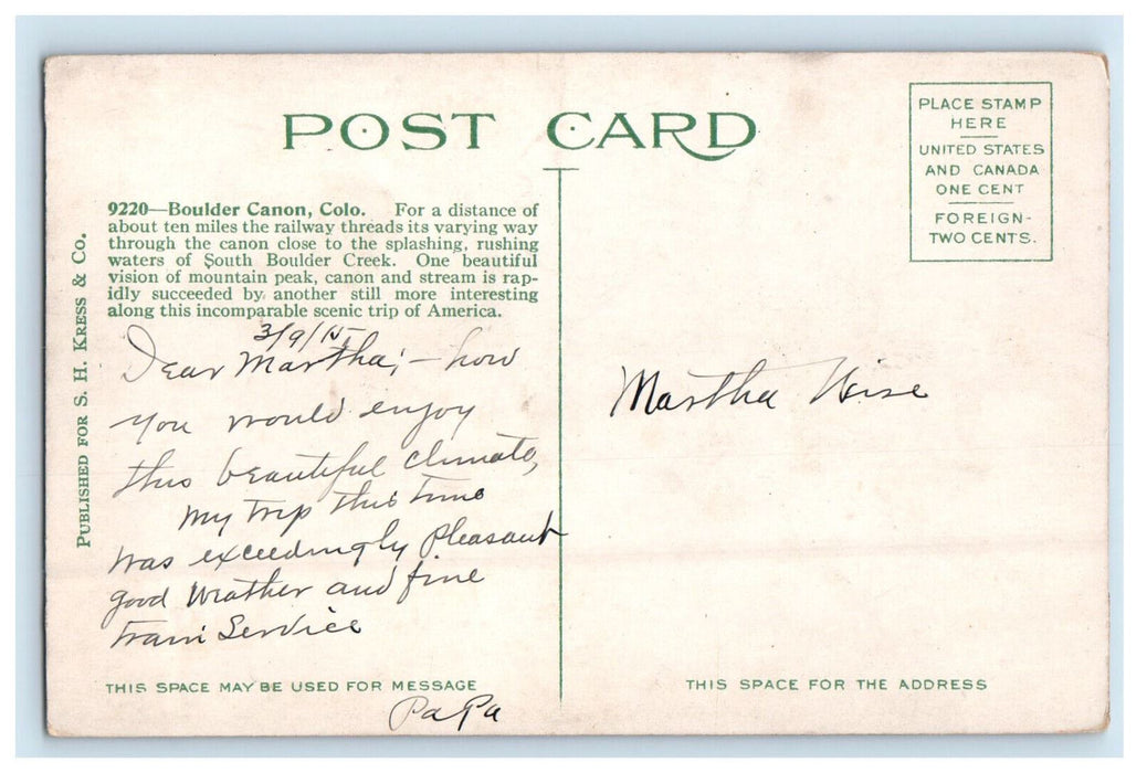 1915 Boulder Canon Near Boulder Colorado CO S.H Kress & Co Postcard