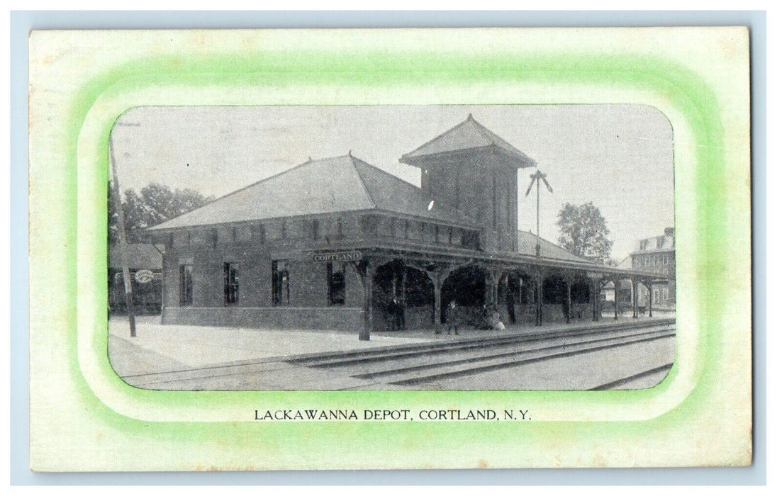 1910 Lackawanna Depot Station Railroad Train Cortland New York NY Postcard