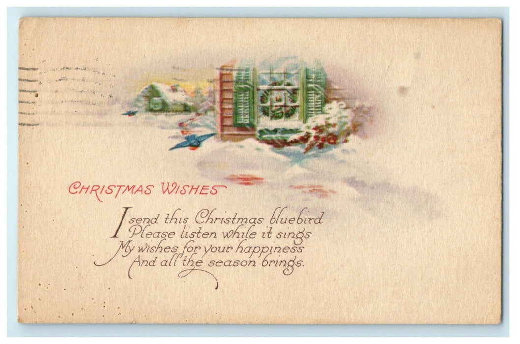 Antique 1920's Christmas Wreath Song Bird Cottage Window Snow Poem Postcard
