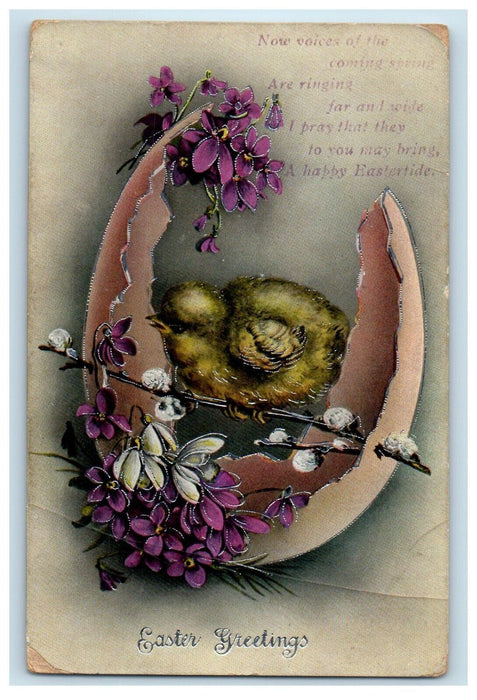 c1910's Easter Greetings Hatched Eggs Purple Flowers Gel Embossed Postcard