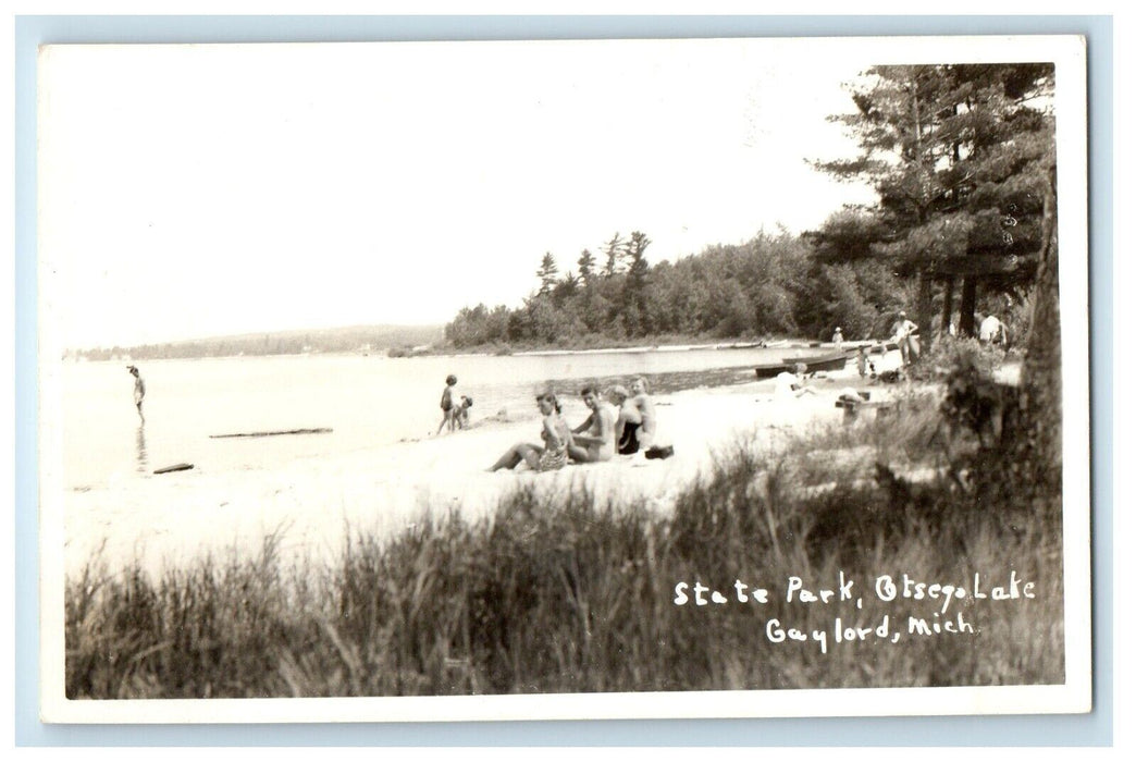 c1950's Beach Bathing Suits Boat Ostego Lake Gaylord MI RPPC Photo Postcard