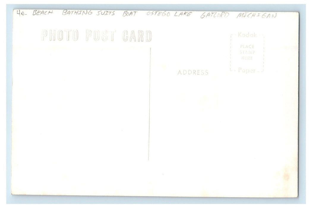 c1950's Beach Bathing Suits Boat Ostego Lake Gaylord MI RPPC Photo Postcard