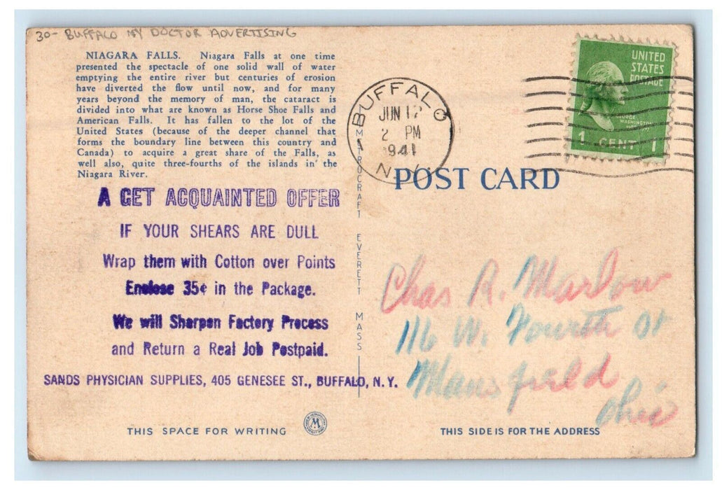 1941 Greetings From Niagara Falls Buffalo New York Doctor Advertising Postcard