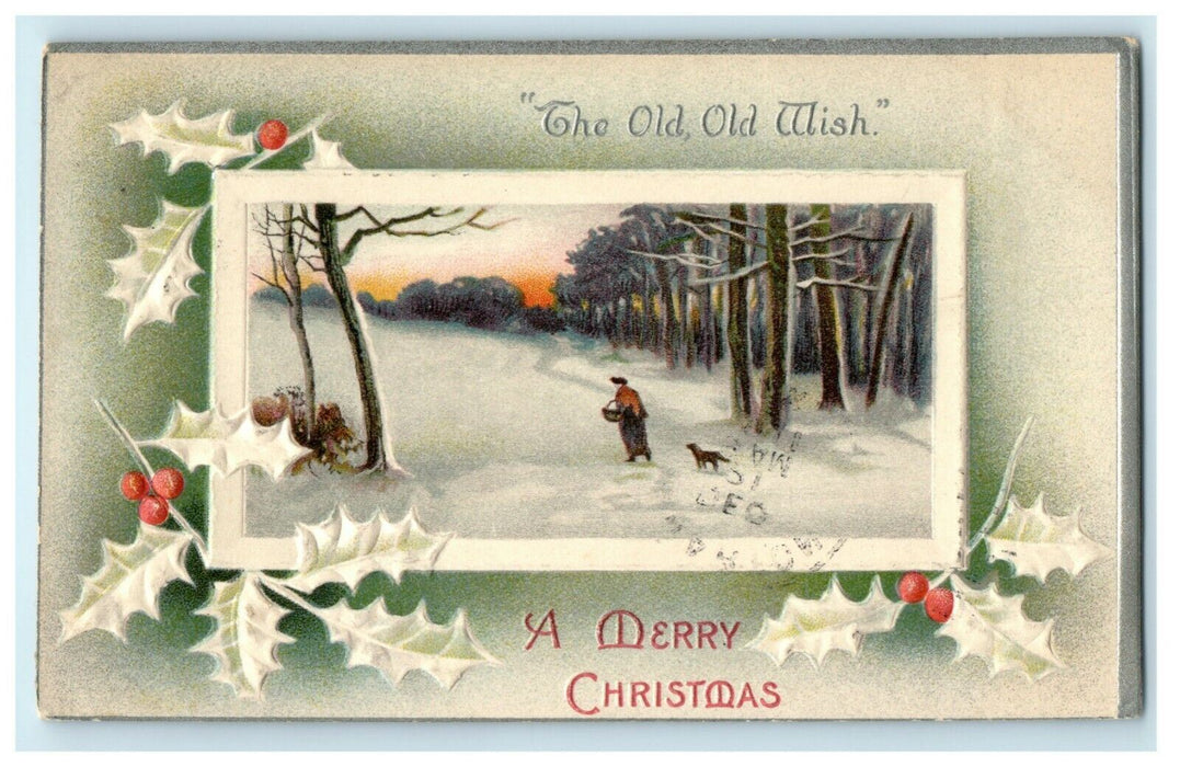Antique 1910's Christmas Davidson Bros. Dog Wharton TX Holly Embossed Postcard