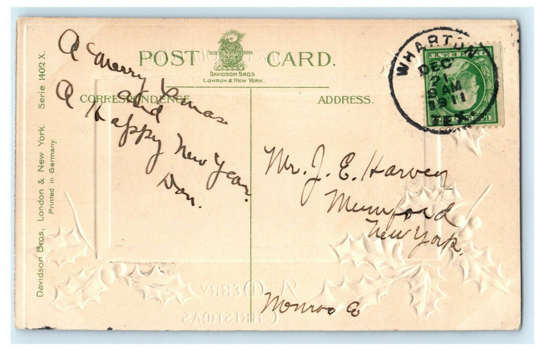 Antique 1910's Christmas Davidson Bros. Dog Wharton TX Holly Embossed Postcard