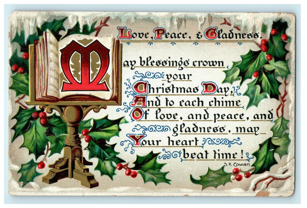 Antique 1910's Christmas Tuck Poem Motto Cowan Holly Embossed Postcard