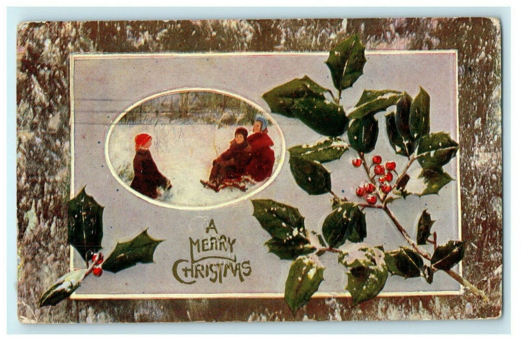 Antique 1910's Christmas Holly Kids Sledding Toledo Ohio Embossed Postcard