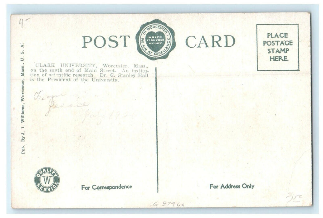1913 Clark University Showing US Flag, Worcester Massachusetts MA Postcard