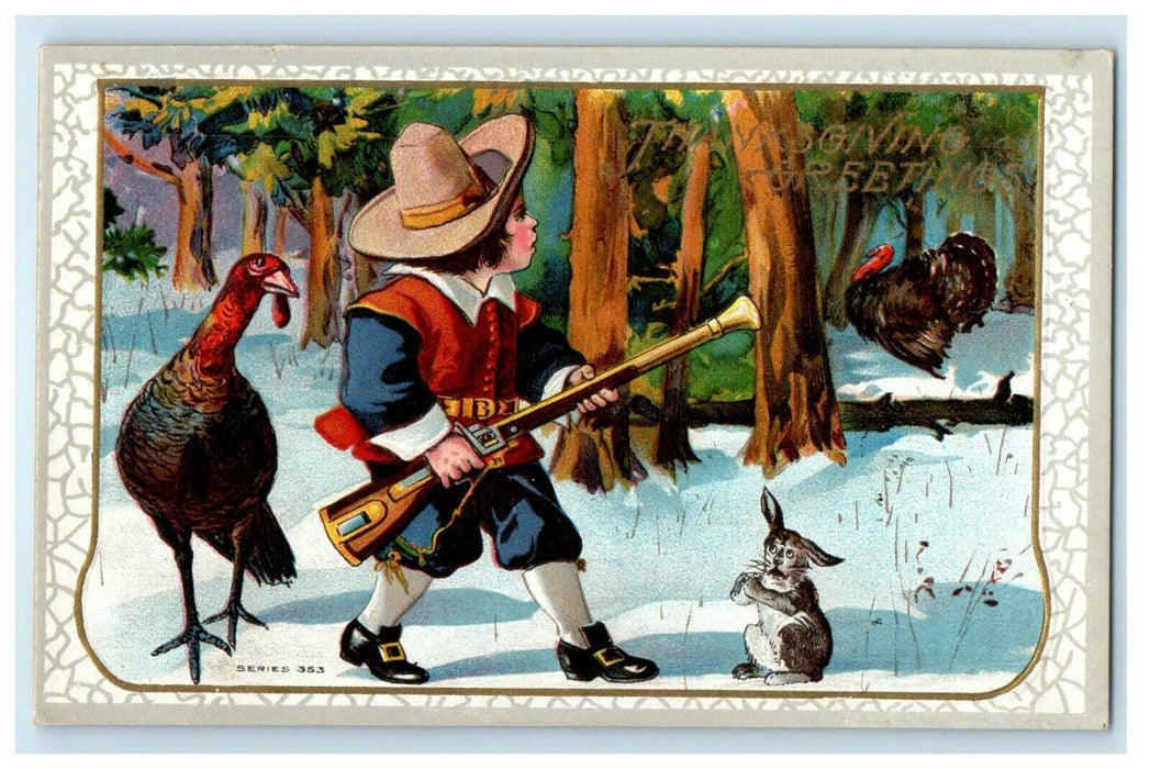 c1910's Thanksgiving Greetings Turkeys Boy Out Hunting Embossed Postcard