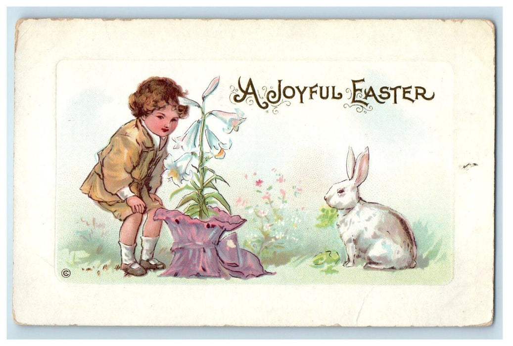 c1910's A Joyful Easter Little Boy Lily Flowers Rabbit Embossed Antique Postcard