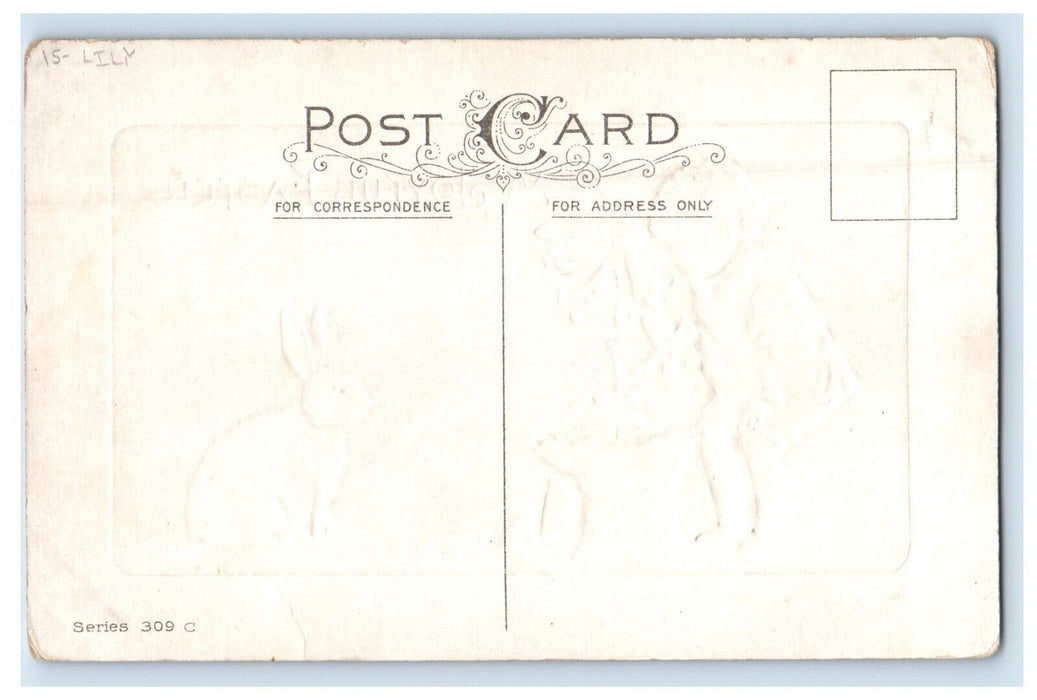 c1910's A Joyful Easter Little Boy Lily Flowers Rabbit Embossed Antique Postcard