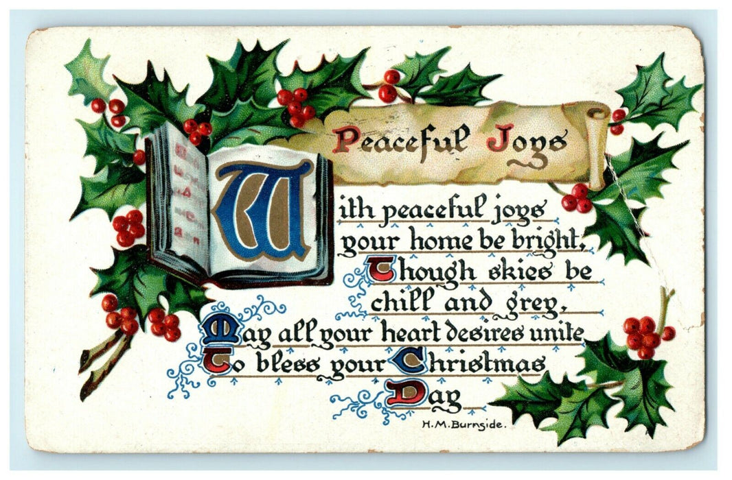 Antique 1910's Christmas Tuck Poem Motto Burnside Holly Embossed Postcard