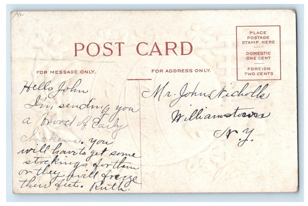 c1910's Easter Greetings Giant Egg Hen Chicken Chic Flowers Embossed Postcard