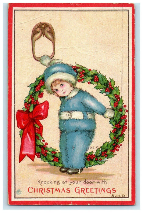 1920 Christmas Greeting Holiday Wreaths Knocking At Your Door Embossed Postcard