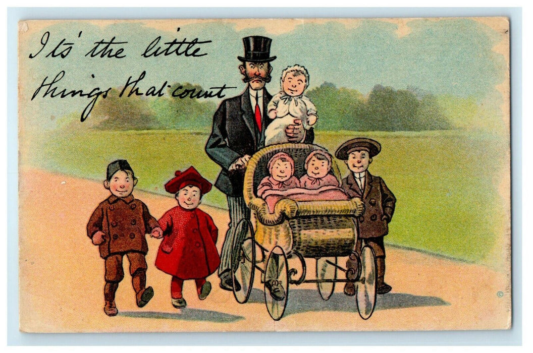 1914 Father Children Twins Stroller Top Hat Logansport Indiana IN Postcard