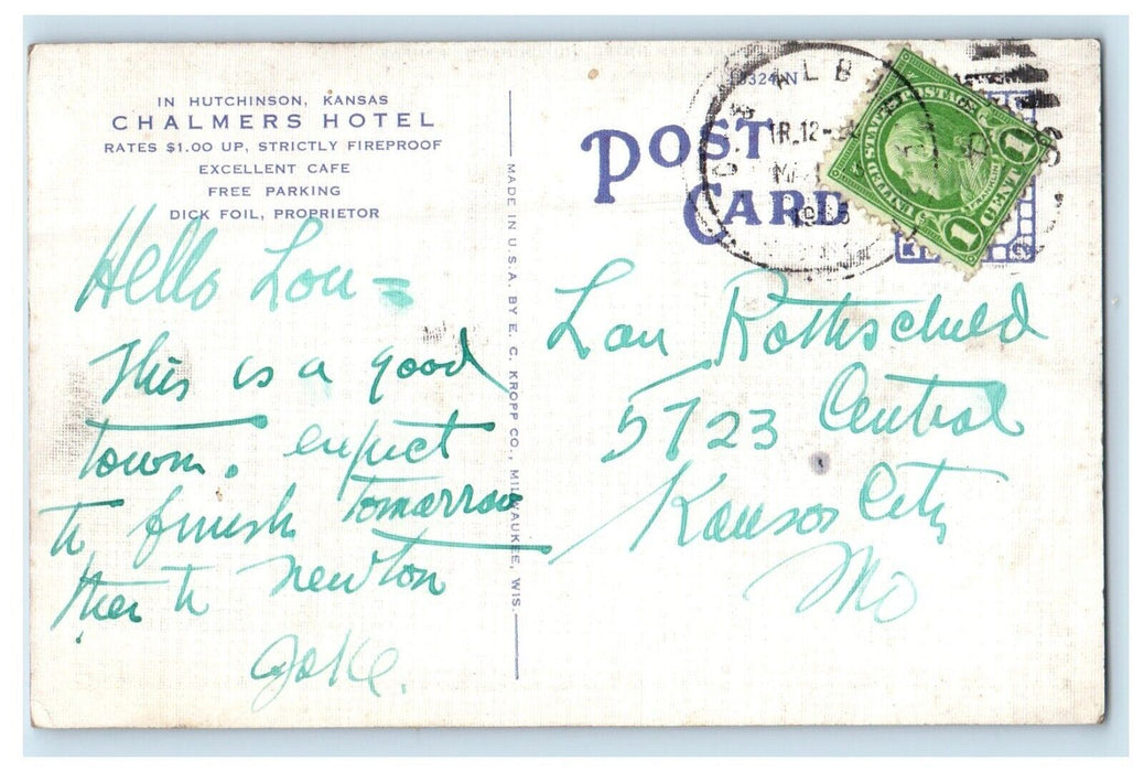 c1930's Chalmers Hotel Cars Hutchinson Kansas KS Posted Vintage Postcard