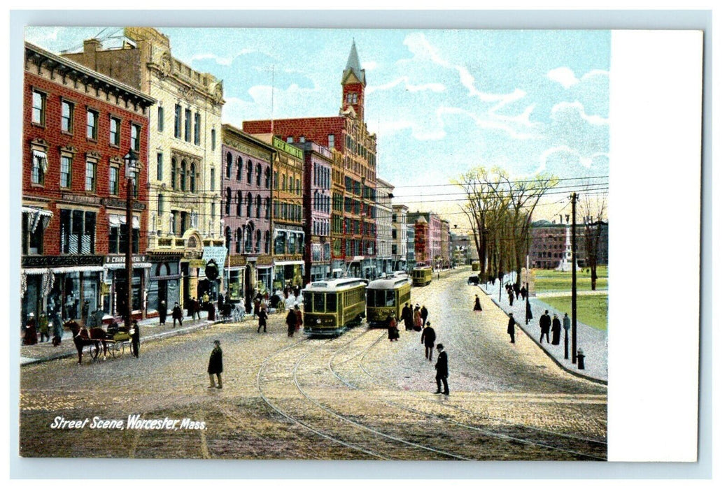 1906 Street Scene, Worcester, Massachusetts MA Antique Unposted Postcard