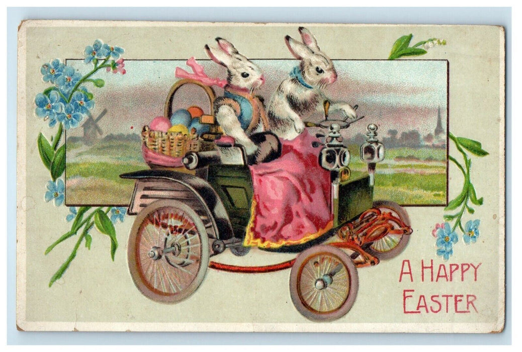 1909 Easter Rabbits Riding Car Egg Basket Embossed Ogdensburg NY Postcard