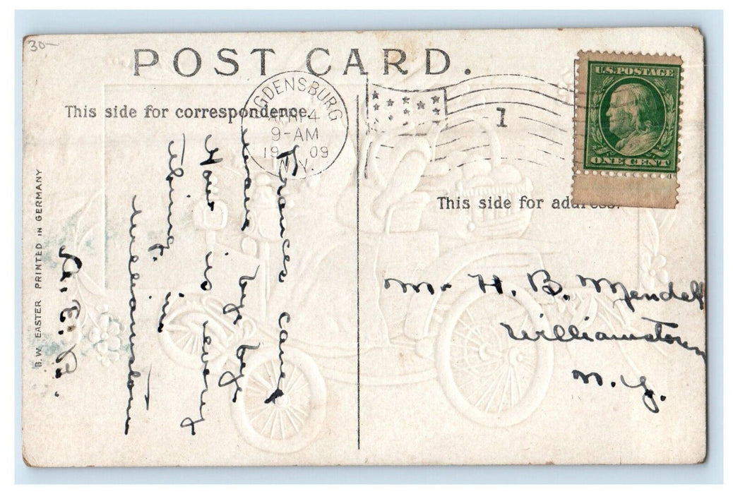 1909 Easter Rabbits Riding Car Egg Basket Embossed Ogdensburg NY Postcard