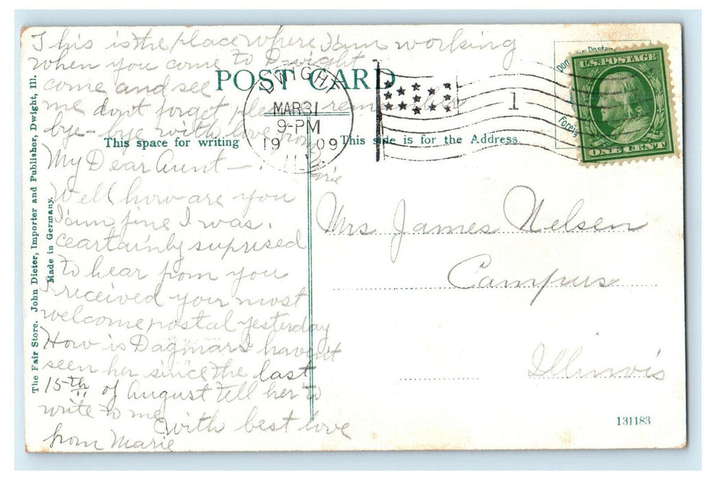 1909 Residence of Col. F.L. Smith Dwight Illinois IL Posted Antique Postcard