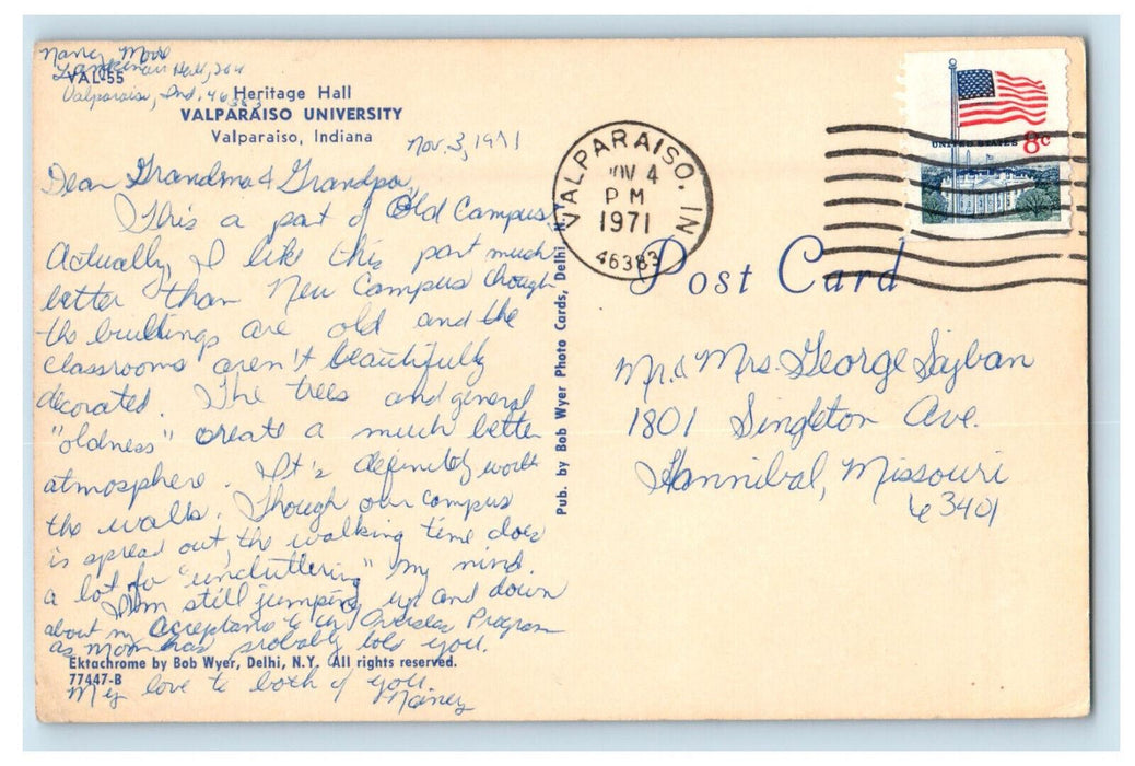 1971 Heritage Hall Valparaiso University Valparaiso Indiana IN Postcard