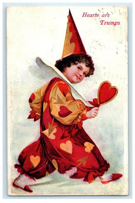 1908 Dutch Boy Cone Hat Hearts Of Trumps Ionia Kansas KS Postcard