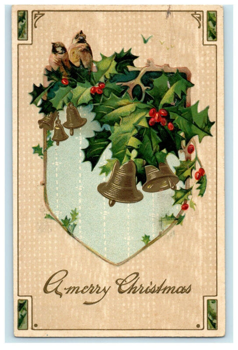 Antique 1910's Christmas Song Birds Gold Bells Holly Embossed Postcard