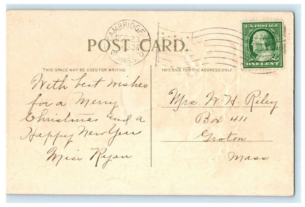 Antique 1910's Christmas Song Birds Gold Bells Holly Embossed Postcard