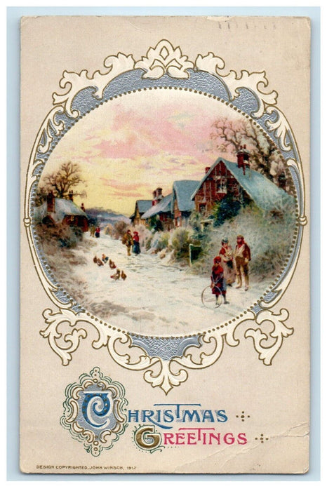 Christmas Greetings Snow Winter Village Chicken John Winsch Embossed Postcard