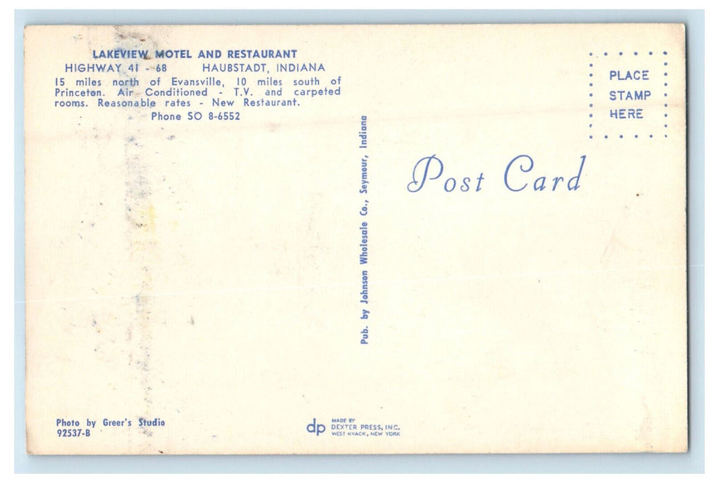 c1960s Lakeview Motel and Restaurant Haubstadt Indiana IN Postcard