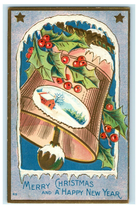 Vintage 1910's Christmas Bells Holly New Year Embossed Antique Postcard