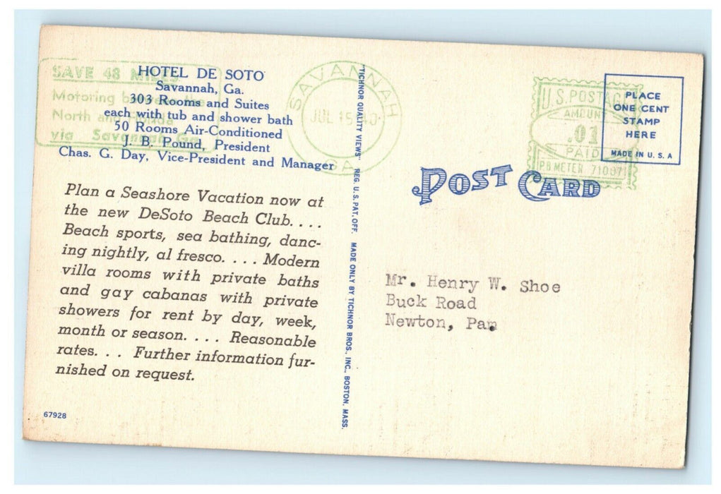 1940 Hotel De Soto Beach Club Savannah Georgia GA Advertising Postcard