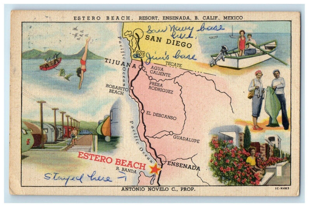 c1930's Estero Beach Resort Ensenada California Mexico Map Multiview  Postcard