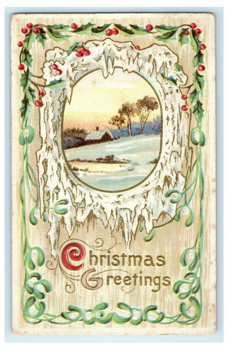 Antique 1910's Christmas Holly Icicles Cottage Missletoe Embossed Postcard