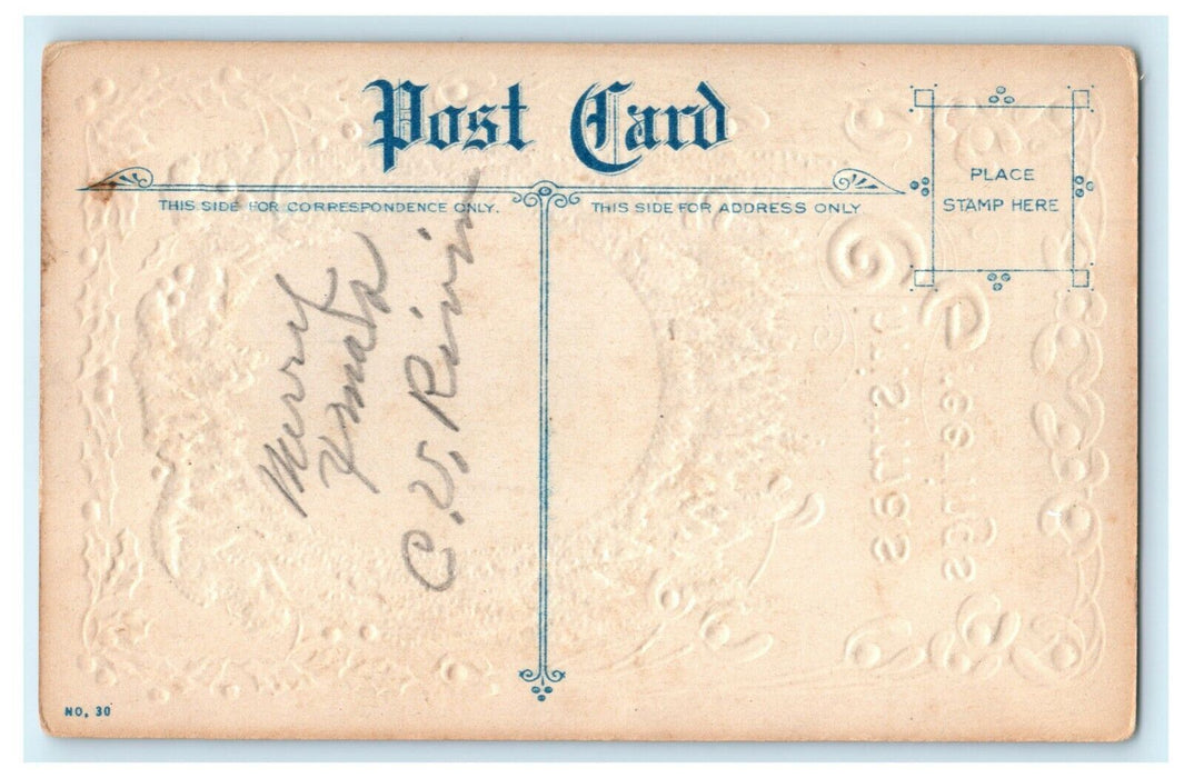 Antique 1910's Christmas Holly Icicles Cottage Missletoe Embossed Postcard