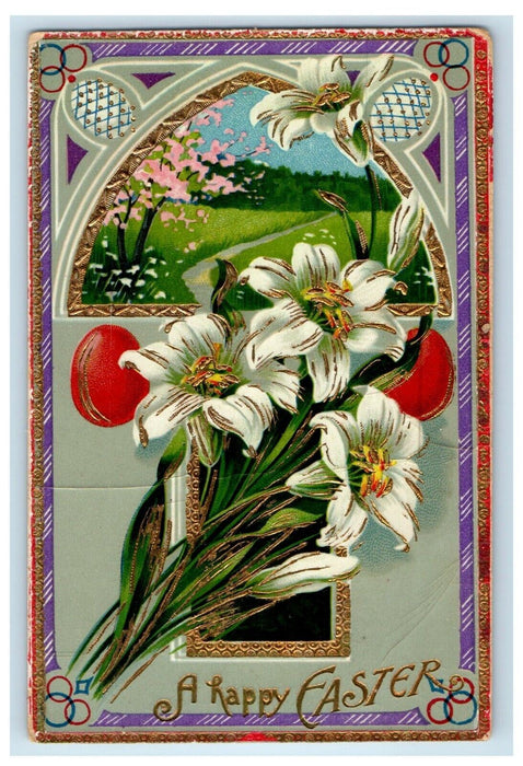 c1910's A Happy Easter Gel Gold Gilt Lily Flowers Embossed Antique Postcard