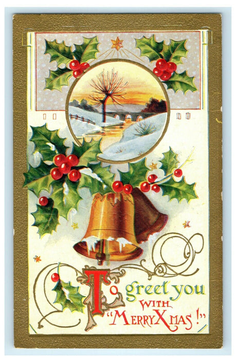 Antique 1910's Christmas Holly Bells Snow Scene Embossed Postcard