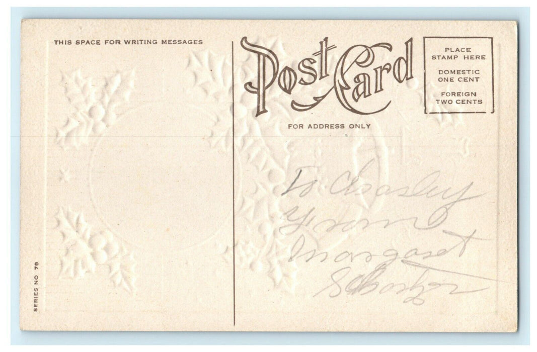 Antique 1910's Christmas Holly Bells Snow Scene Embossed Postcard