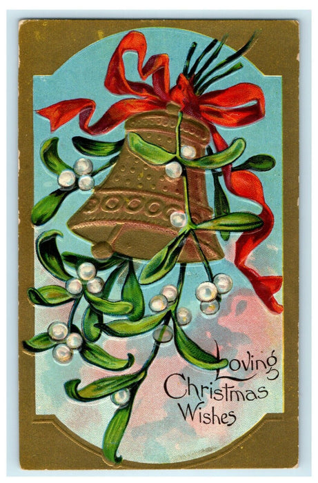 Vintage 1910's Christmas Gold Bell Mistletoe Ribbon Embossed Antique Postcard
