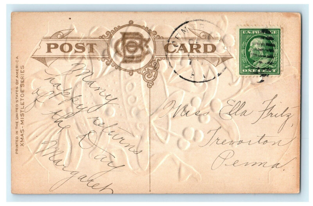 Vintage 1910's Christmas Gold Bell Mistletoe Ribbon Embossed Antique Postcard
